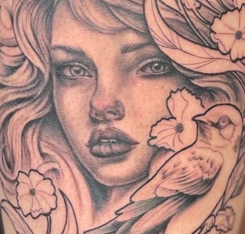 Détail — le visage de la Dame aux fleurs, transitions de gris sans ligne dure