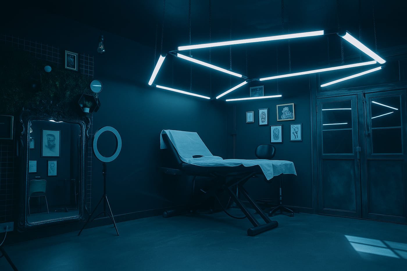 Le studio Inévitable Tattoo de nuit — luminaires géométriques suspendus au-dessus du poste de tatouage